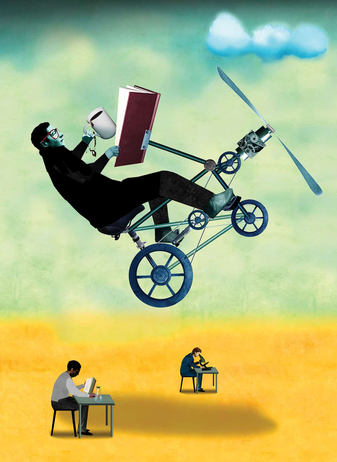 مشروعات البحث - رجل يحمل فنجانًا من القهوة ويقرأ كتابًا أثناء الطيران بالدراجة ورجلان يجلسان ويقرآن كتابًا